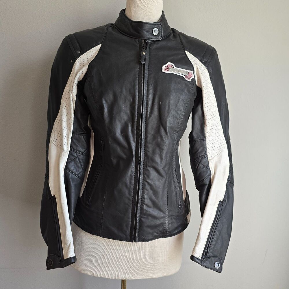 Z1R Nectar Leather Motorcycle Jacket Black/White Rose Details Women’s Small